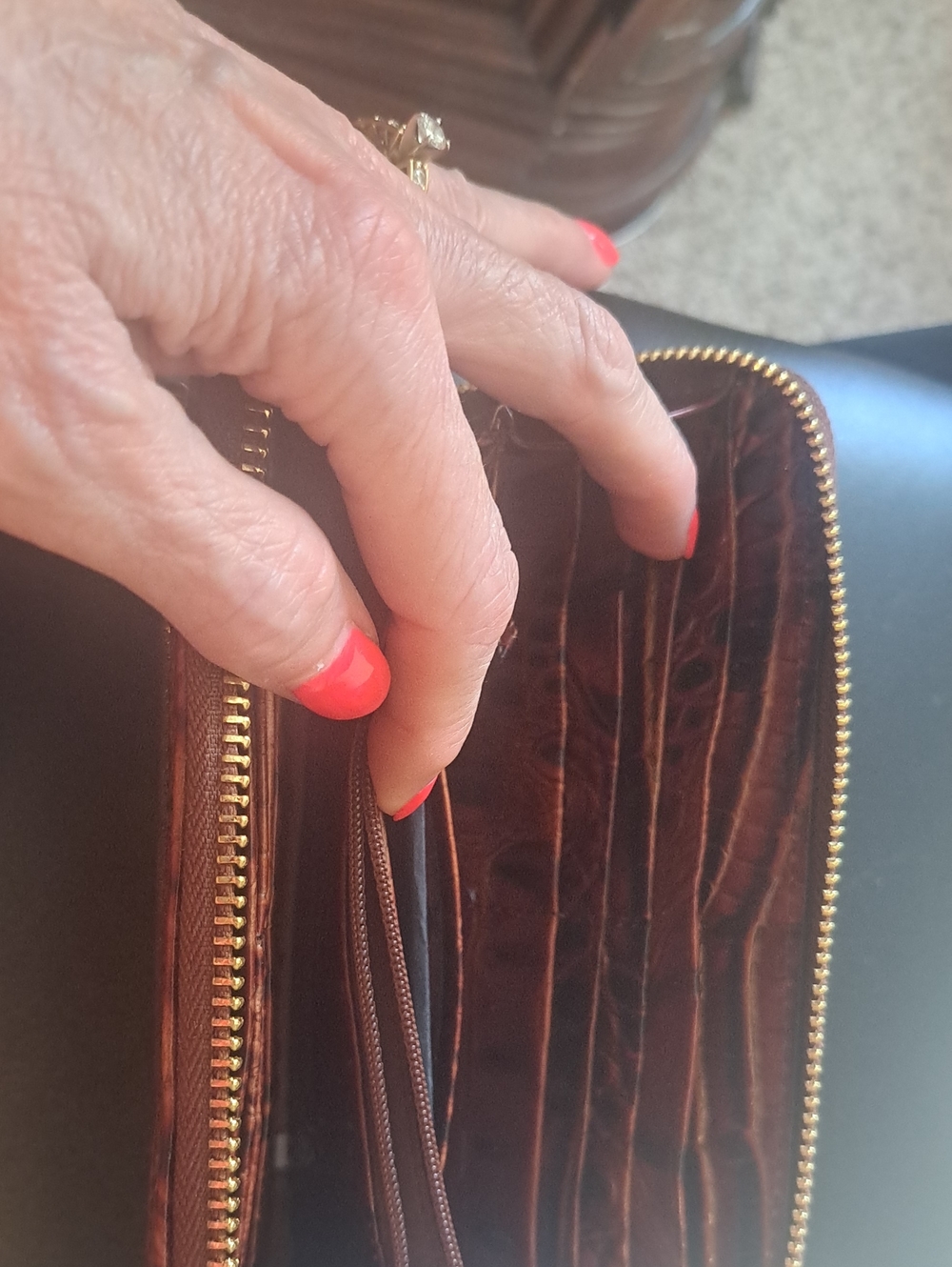 Brown Croc-Embossed Zip Wallet with Gold Plate - Picture 5 of 8